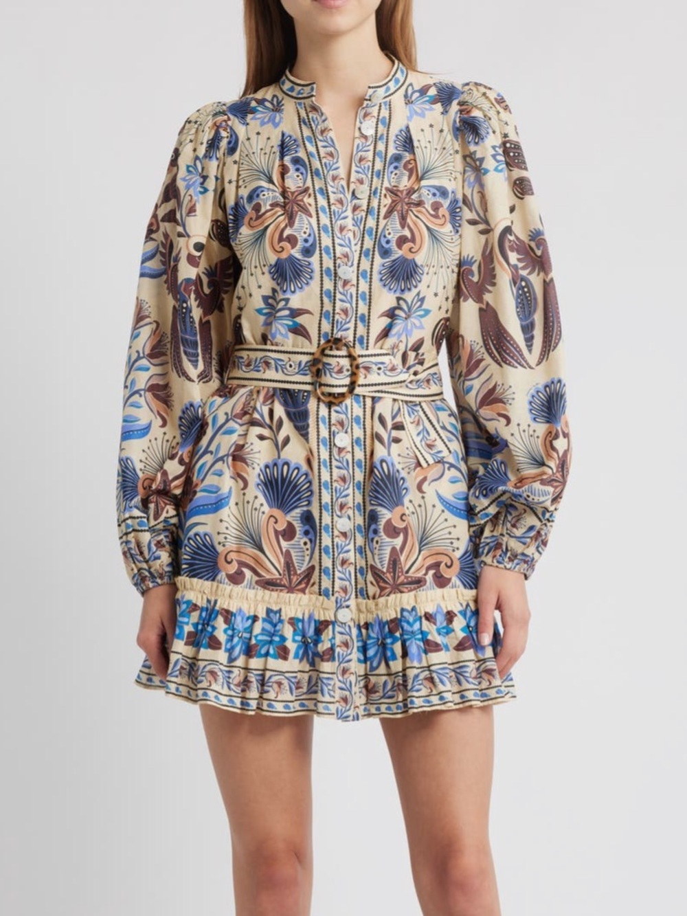 Like new: Farm Rio Floral Long-Sleeve Mini Dress in Cream, Blue & Leopard